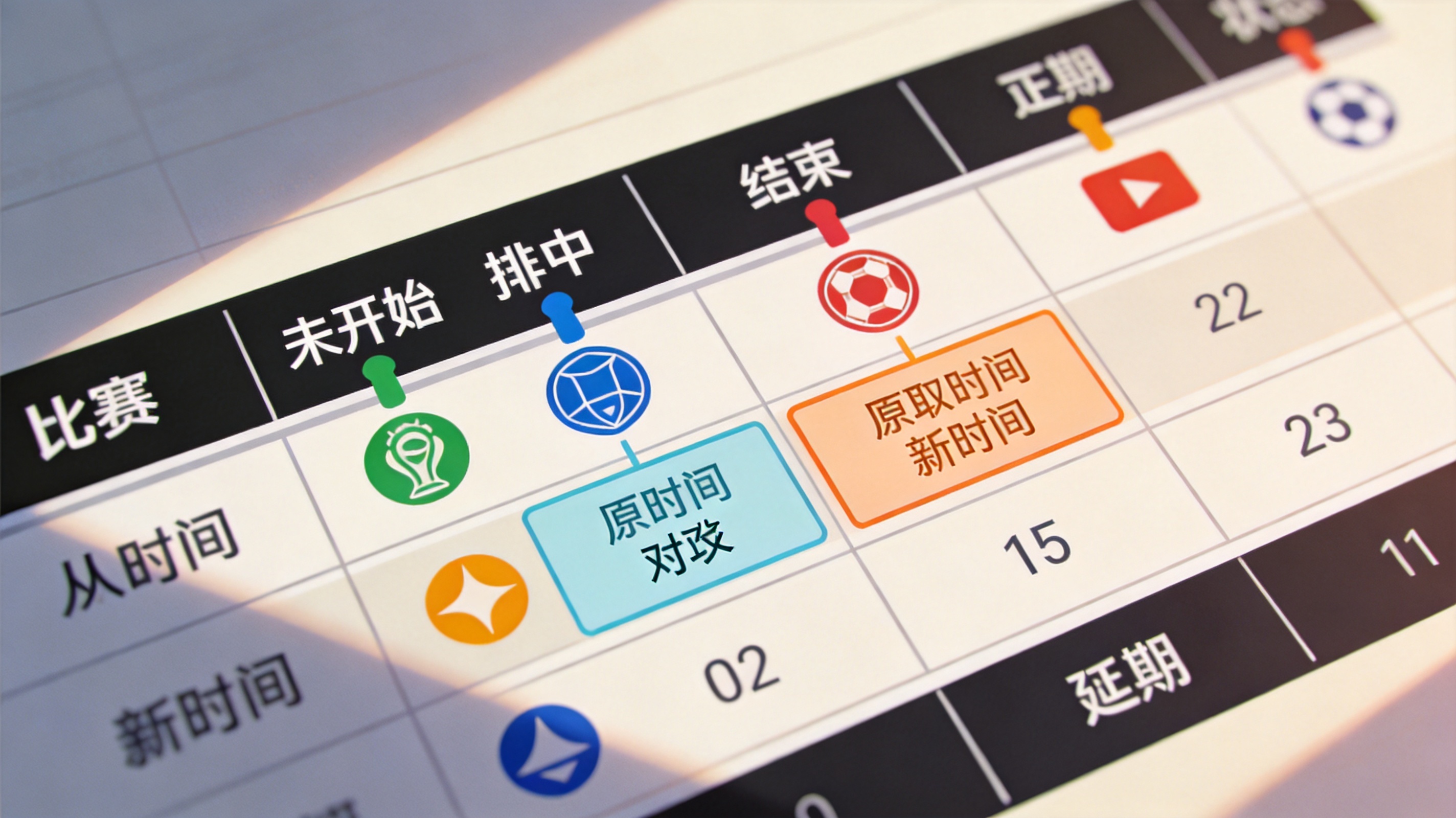 比赛状态模块示意图：未开始、进行中、已结束与延期四种状态的时间轴标记